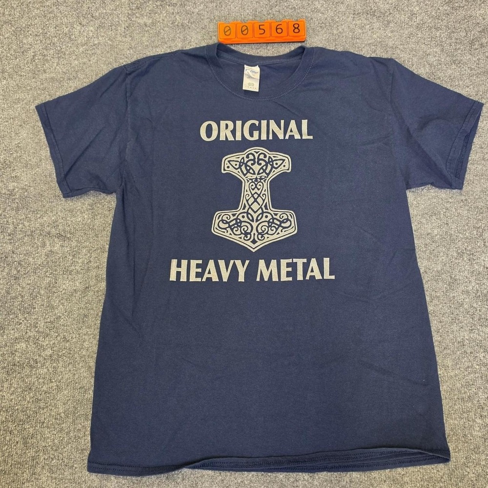 Gildan Heavy Metal T-Shirt with white graphic of Thors hammer Size Large